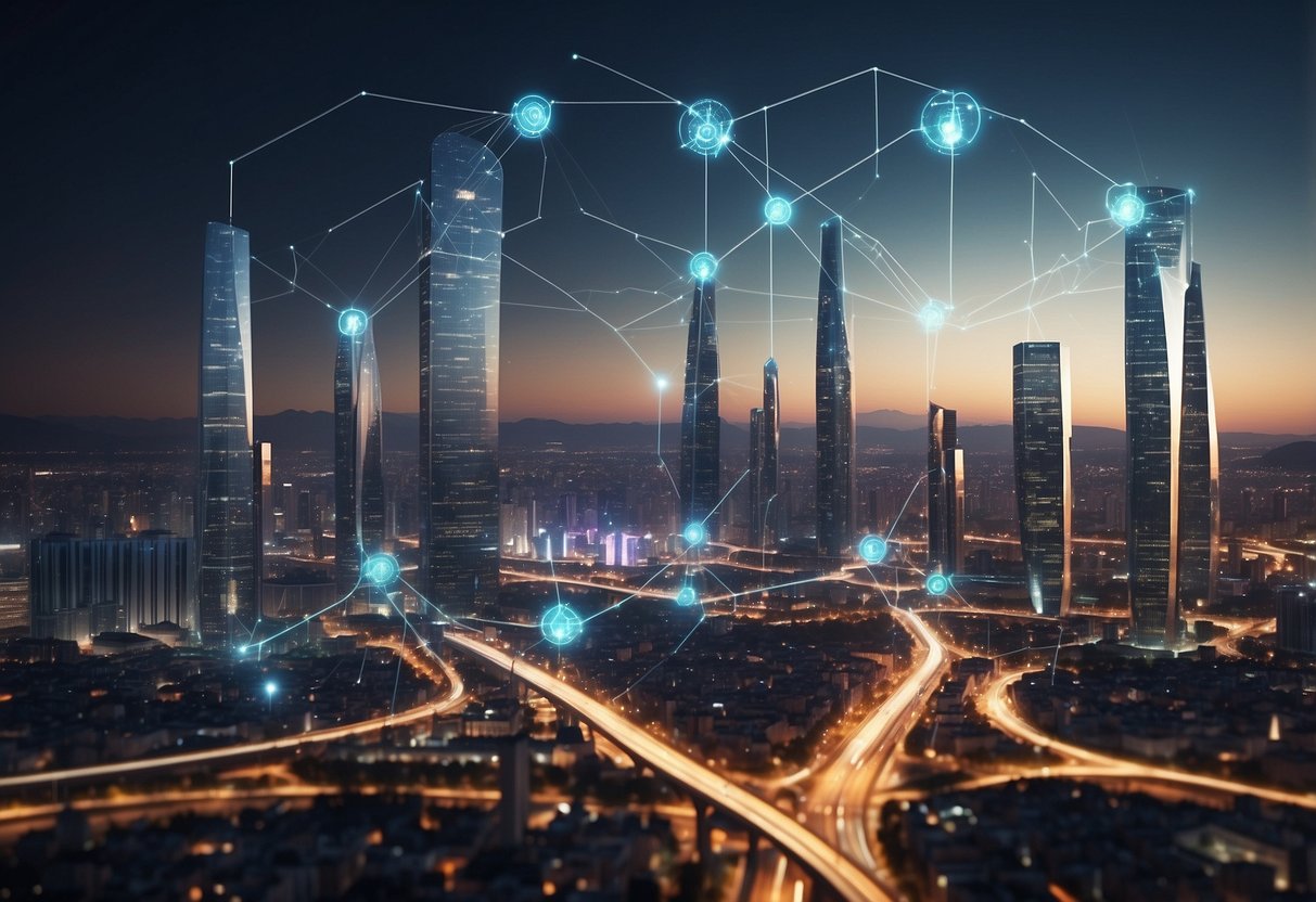 A city skyline with futuristic 5G towers and connected devices, showcasing seamless communication and data transfer