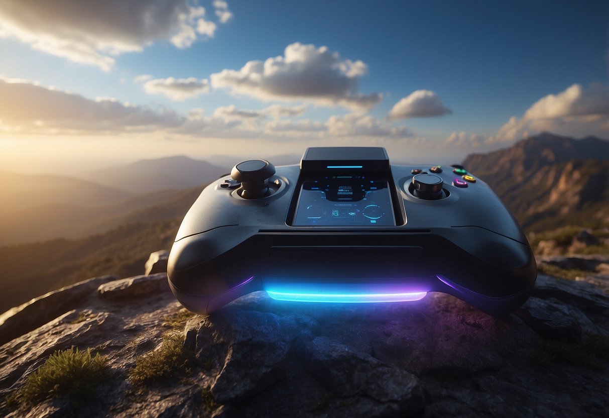 A futuristic gaming console hovers in a cloud-filled sky, surrounded by virtual reality symbols. Below, traditional gaming consoles sit abandoned