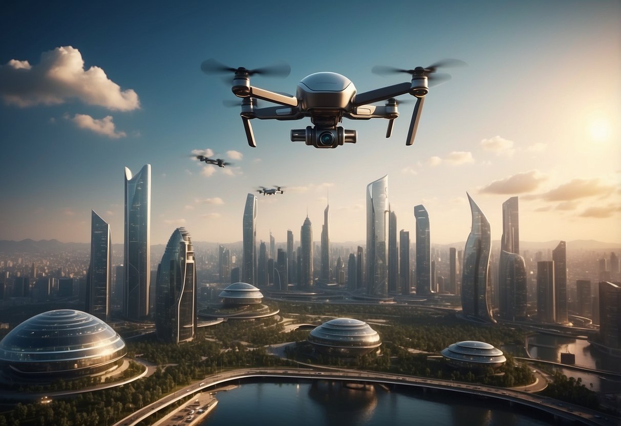 A futuristic city skyline with AI-powered drones and smart devices interacting seamlessly