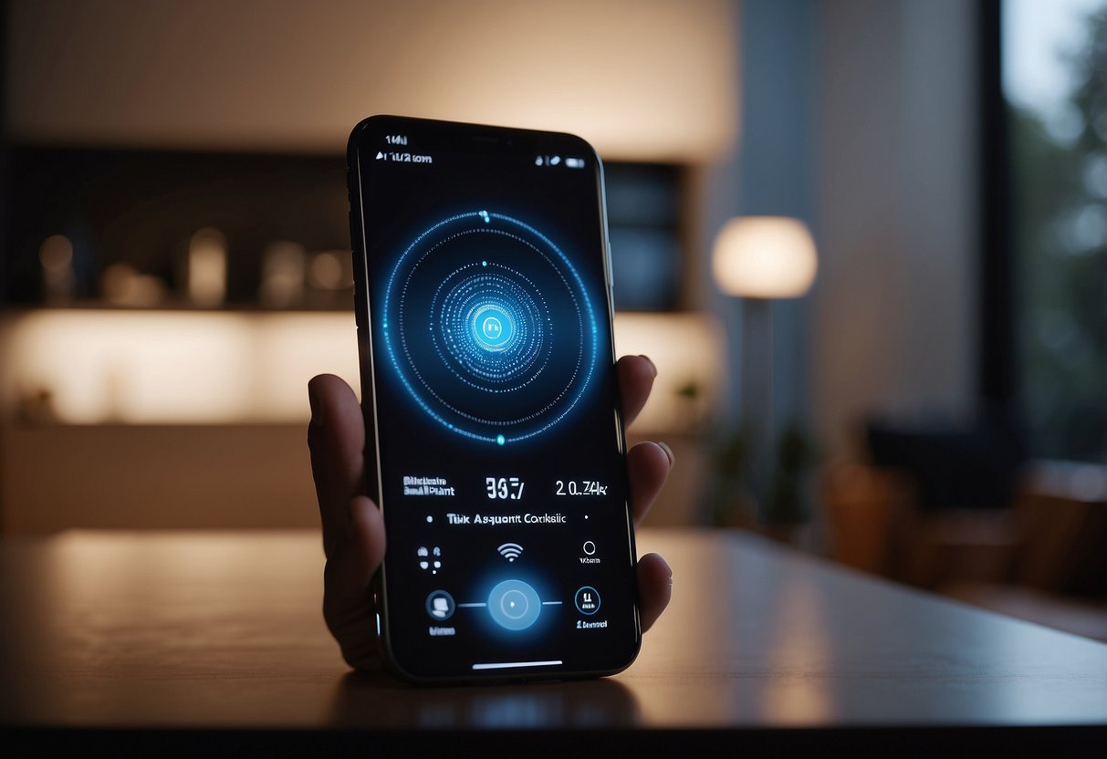 A sleek, modern smartphone interacts with a voice-activated virtual assistant, while a smart home device adjusts lighting in the background