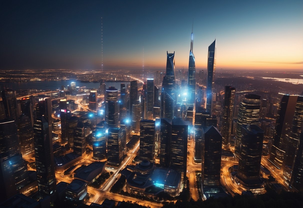 A bustling city skyline with futuristic tech infrastructure, including connected devices and high-speed data transfer, showcasing the transformative impact of 5G on various industries