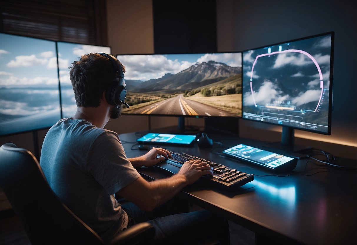 A person playing a video game on a cloud platform, facing connectivity issues while experiencing high-quality graphics and minimal hardware requirements