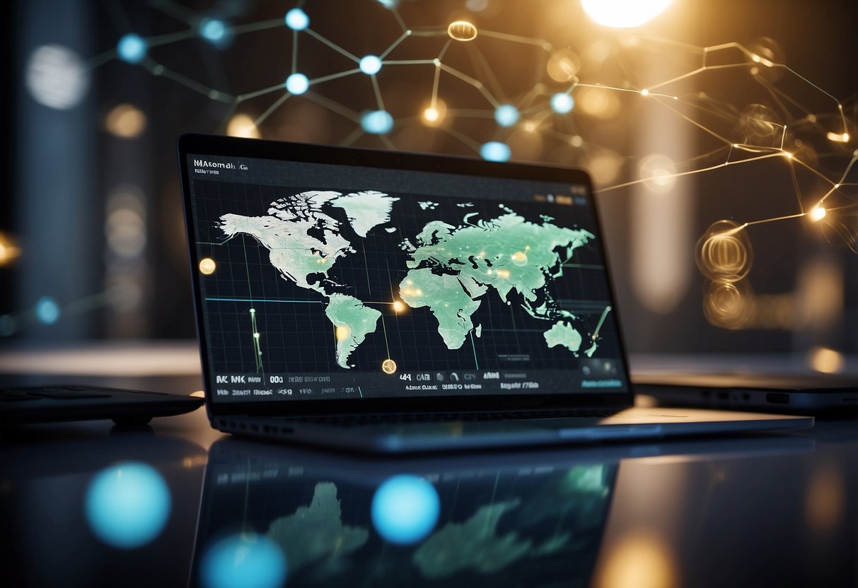 A network of digital currency transactions linking global financial hubs, with data flowing through interconnected servers and devices