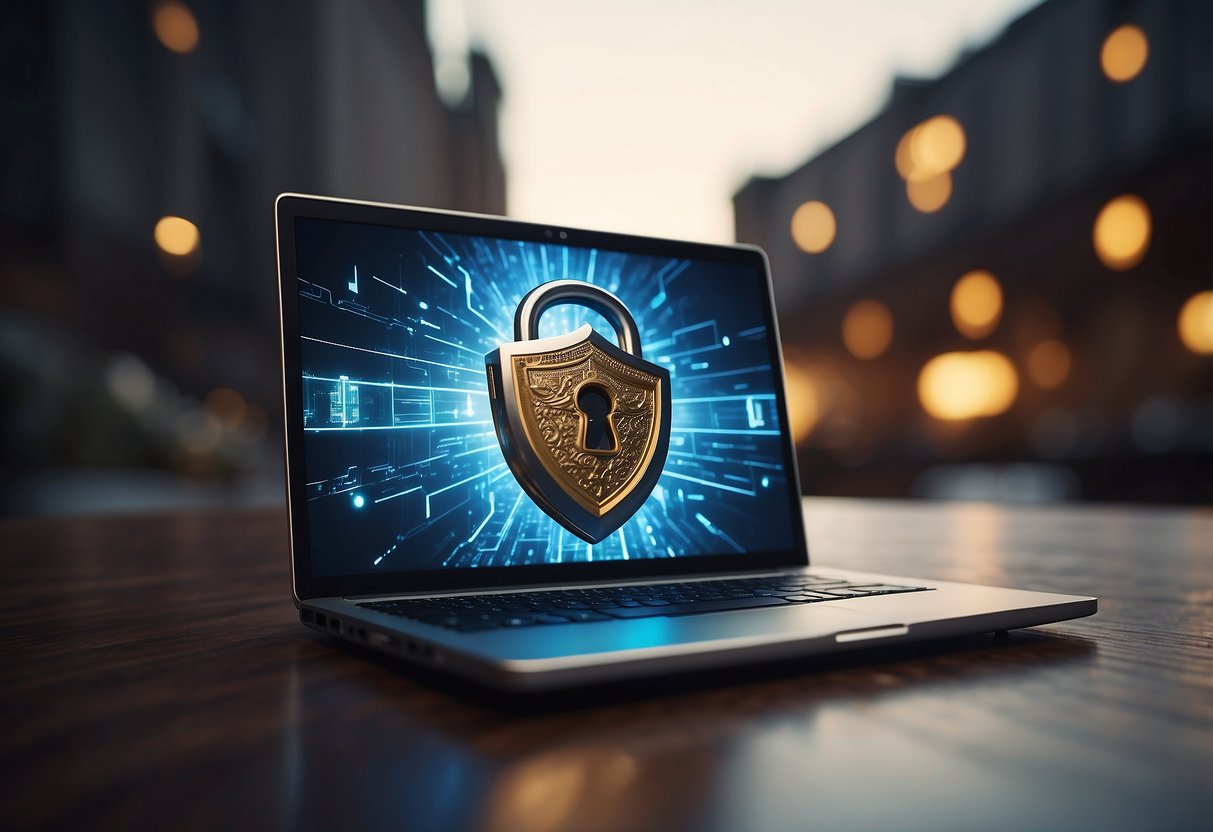 A laptop surrounded by a shield, lock, and key symbolizing protection. A digital fortress with a padlock symbolizing security