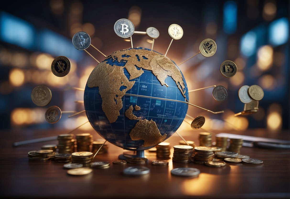 A globe surrounded by various financial regulations, with cryptocurrency symbols emerging from it, illustrating the global impact of cryptocurrency on finance