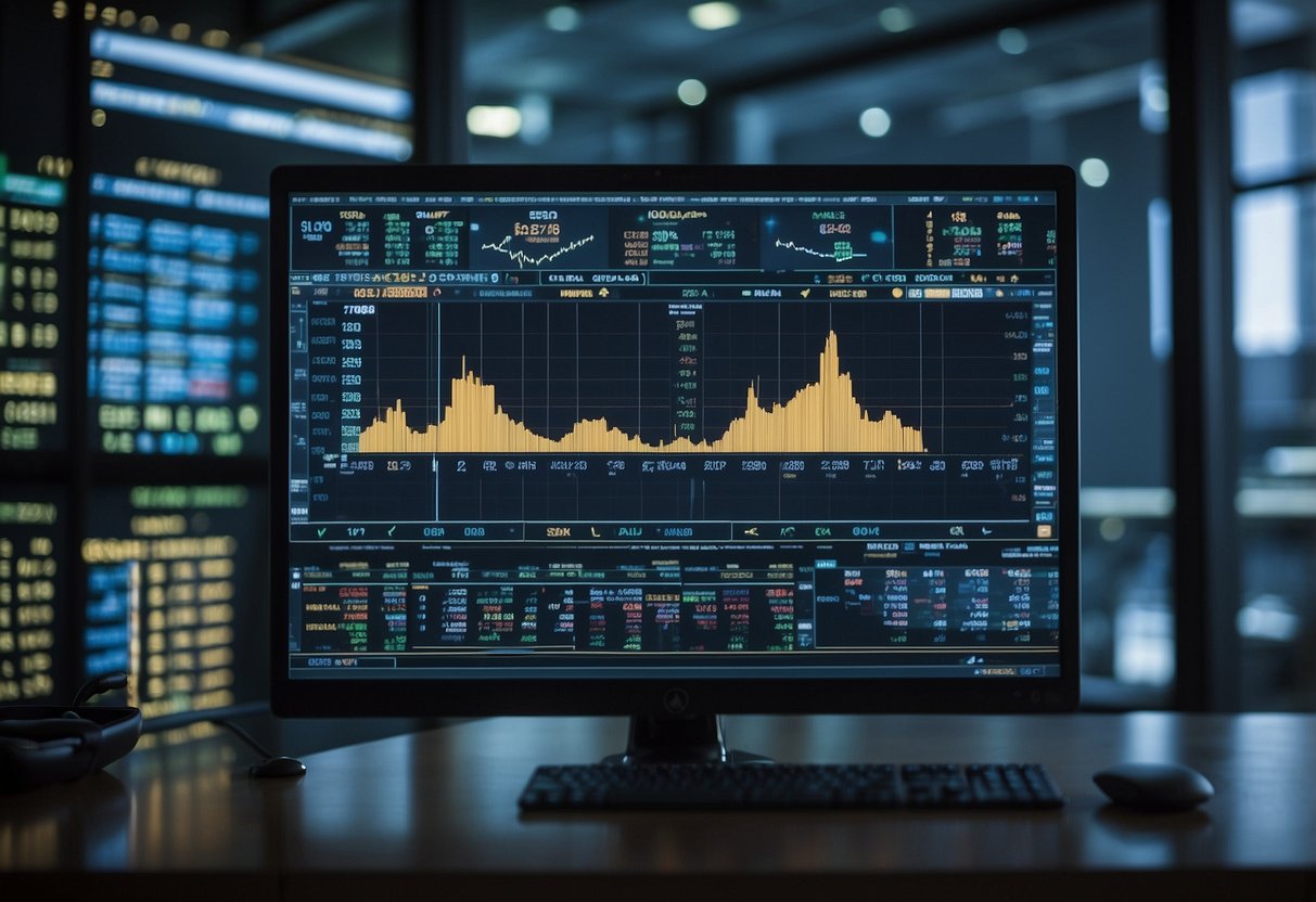 A computer screen displaying fluctuating cryptocurrency values, surrounded by global financial charts and data