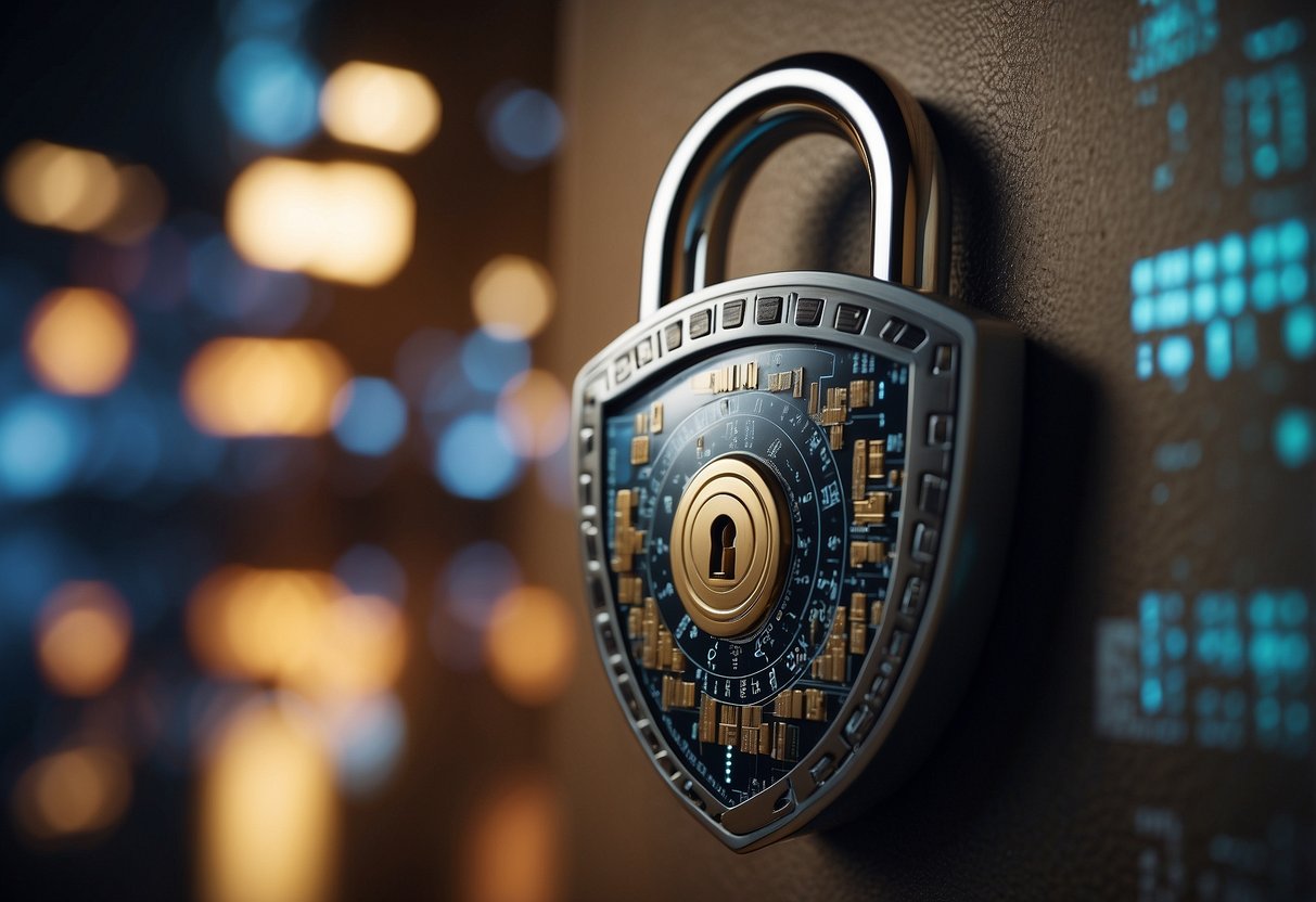 A digital lock encasing a stream of data, surrounded by a shield of security symbols and a wall of encryption algorithms