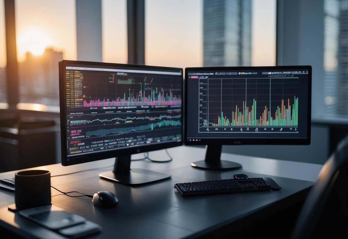 AI algorithms analyzing financial data, graphs, and charts. Advanced technology in a modern office setting