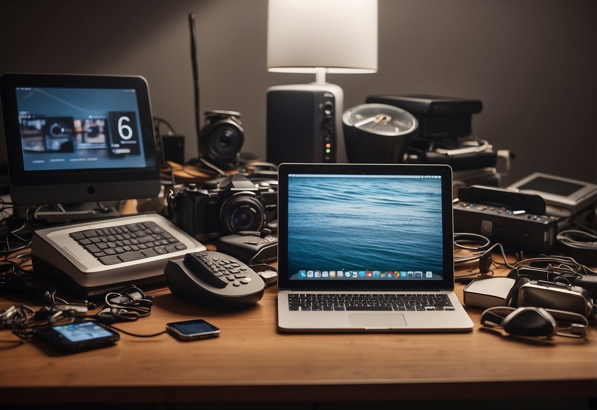 A cluttered desk with outdated tech gadgets piled up, a smartphone, tablet, and smartwatch discarded in a corner, a look of disuse and irrelevance