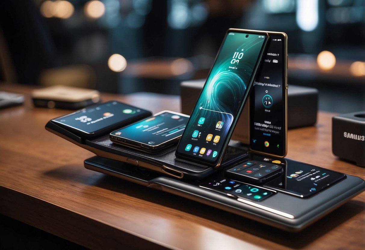 The Samsung Galaxy Z Fold 5 displayed among other tech gadgets, labeled as "Top 10 Most Overrated" in a futuristic tech showcase