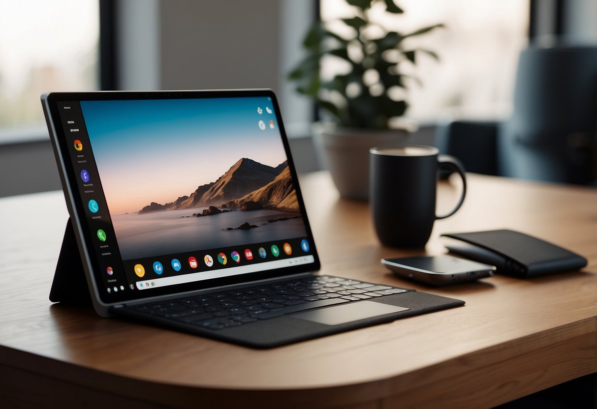 The Microsoft Surface Duo 2 lies on a sleek, modern desk surrounded by other tech gadgets. The room is filled with natural light, casting a soft glow on the devices