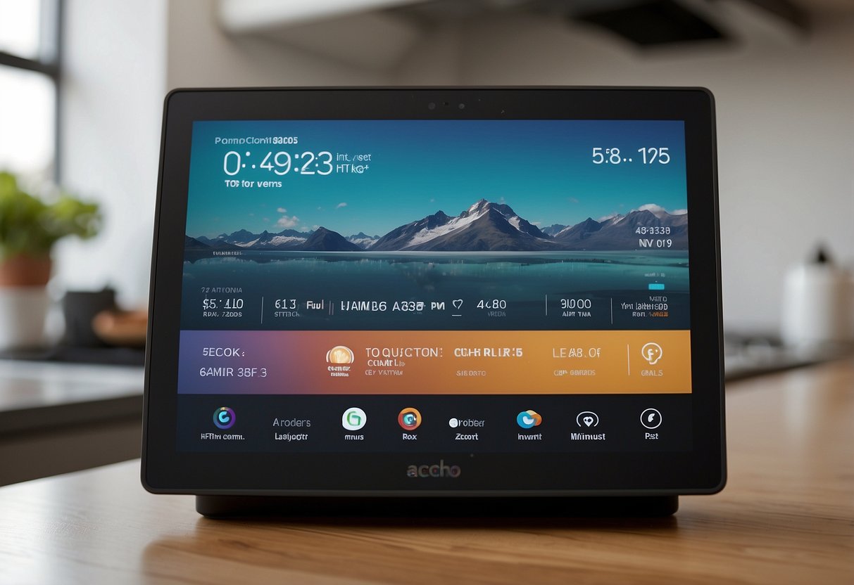 The Amazon Echo Show 15 sits on a sleek countertop, displaying a list of the top 10 most overrated tech gadgets of 2024 in bold, digital text